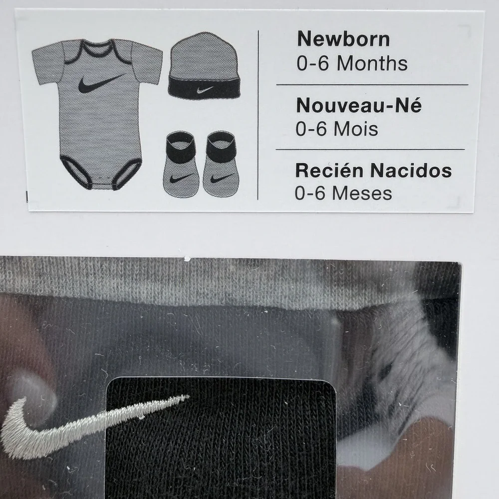 Nike Baby 3Pc Outfit Set Hat Bodysuit Booties 0-6M Jersey Black Gray NIB - Picture 3 of 4